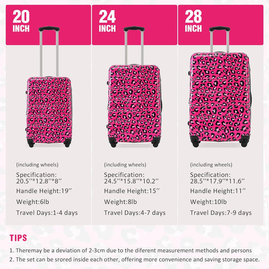 Merax Luggage Sets 3 Piece, Hardside Expandable Suitcase Set with Spinner Wheels, Lightweight Leopard Luggage 20+24+28 IN, Leopard Hot Pink