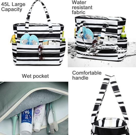 LEDAOU Large Beach Tote Bag Women Waterproof Sandproof Zipper Beach Tote Bag for Pool Gym Grocery Travel with Wet Pocket