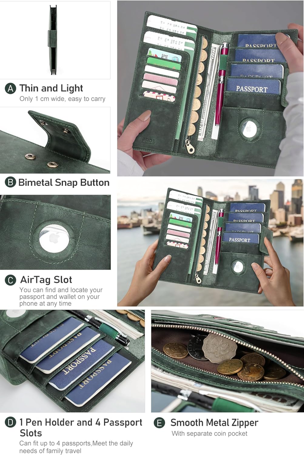 Top Grain Leather Travel Passport Wallet Holder for Man & Woman, Snap Button Design for 4 Passports & Multi Cards, RFID Blocking Large Capacity for Passports/Cards/Checks/Bills, Coffee