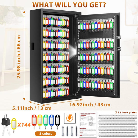 144 Keys Fireproof Cabinet Safe With Adjustable Hook Plates and Tags, Anti-Theft Lock Box Wall Mount With Combination Lock, Organizer for Home Office Garage