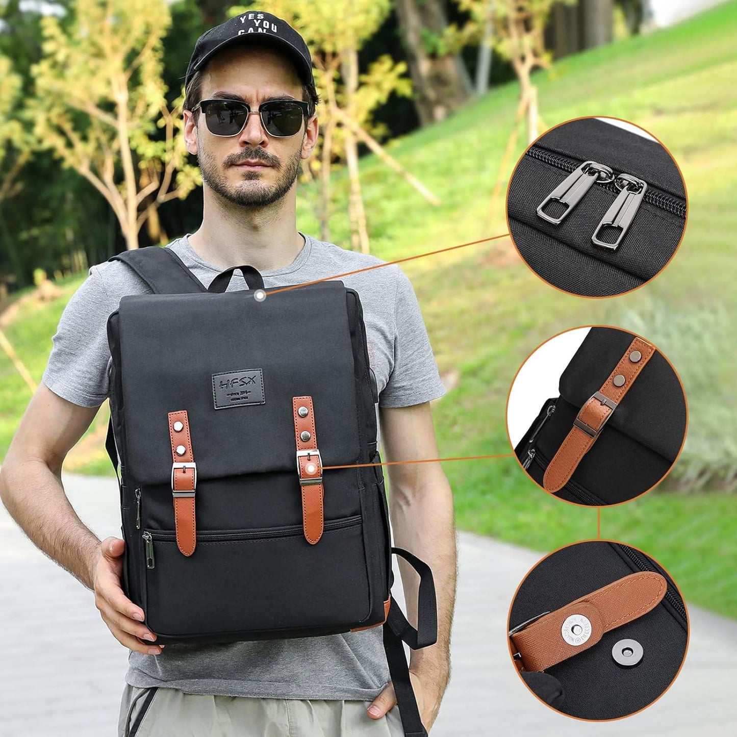 HFSX Vintage Backpack Laptop Backpack Men Women Business Travel Computer Backpack College Bookbag Stylish Water Resistant Vintage Backpack with USB Port Fits 15.6 Inch Laptop Black