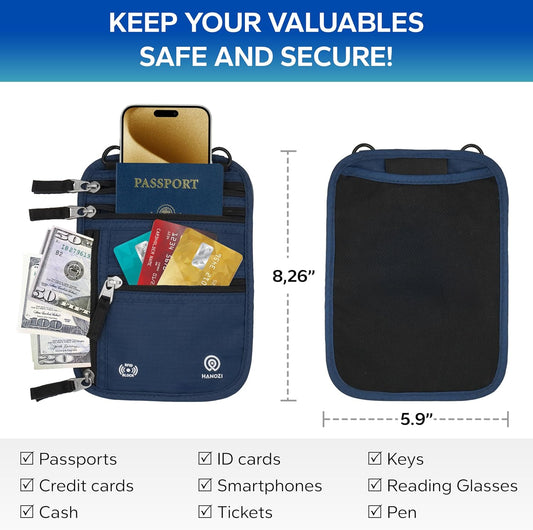 Neck Wallet – Travel Pouch and RFID Blocking Passport Holder for Women and Men, Slim Travel Wallet (Navy)