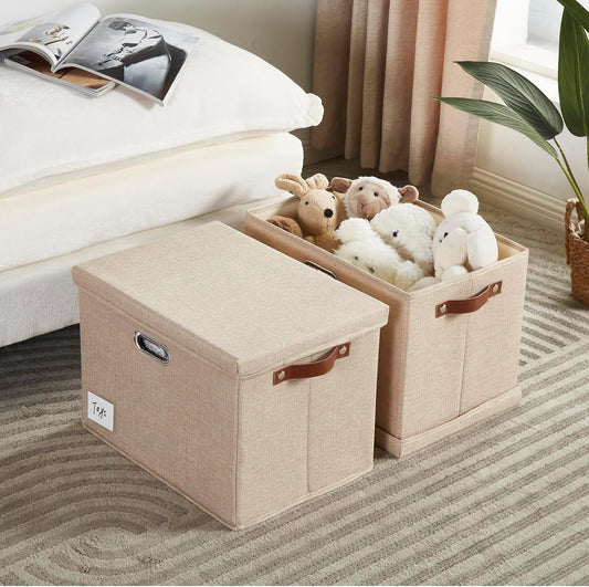 17" Large Collapsible Storage Bins with Lids, Stackable Closet Organizers with PU Handle and Labels, 3-Pack Decorative Fabric Storage Boxes for Home, Bedroom, Closet, Office, Nursery(Khaki)