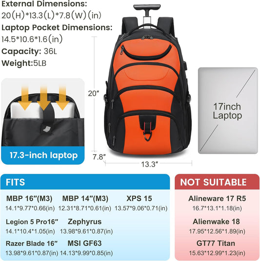 Boavan Rolling Backpack,17 inch Water Resistant Wheeled Backpack,Carry on Luggage Business Bag, Overnight College Computer bag Trolley Suitcase for Men Women Adults to Travel,Black&Orange