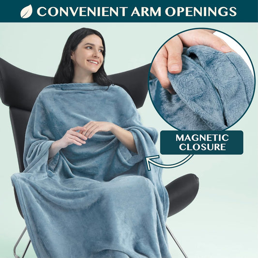 PAVILIA Travel Blanket and Pillow, Arms Opening Airplane Blankets for Adults, Compact Plane Blanket with Arm Hole 2-in-1 Bag for Flight Car Camping Fit in Luggage Backpack Traveler Gift, Blue