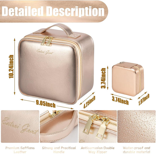 Makeup Travel Train Case with Mirror LED Light 3 Adjustable Brightness Large Cosmetic Bag Portable Storage Adjustable Partition Waterproof Make up Brushes Makeup Jewelry Gift for Women