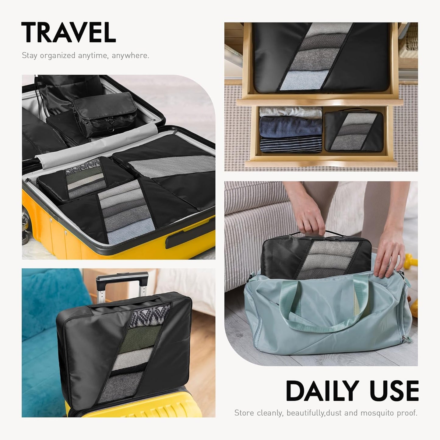 WVM Packing Cubes for Travel, 8 Set Luggage Organizer Bags with Shoe Bag, Toiletry Bag & Laundry Bag, Travel Accessories Essentials Packing Organizer, Black