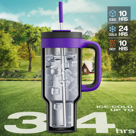 40 oz Tumbler with Handle, 2-in-1 Straw and Sip Lid, Leakproof, Dishwasher Safe, Insulated Stainless Steel Travel Coffee Mug, Keeps Cold for 34 Hours, Fits in Car Cup Holder (Iris)