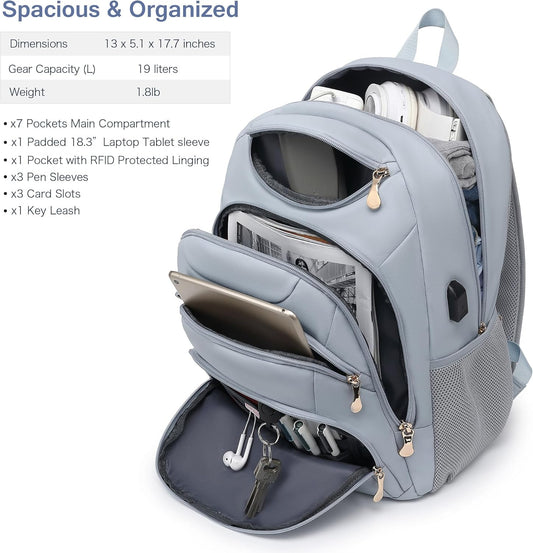 Boavan Laptop Backpack for women, 15.6 inch Laptop Bag with USB Port, Waterproof Travel Work Backpack Purse, Anti-Theft Teacher Nurse Doctor Casual Bookbags Office Business backpack,Blue