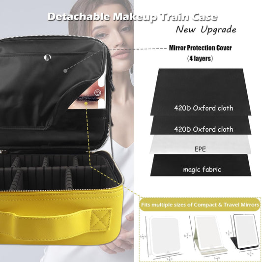 MOMIRA Travel Makeup Bag Cosmetic Bag Makeup Organizer Bag with Large Lighted Mirror 3 Color Scenarios Adjustable Brightness,Yellow