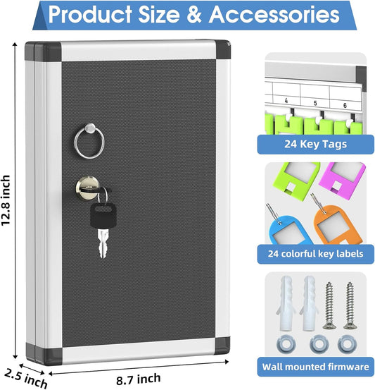 24 Slots Lock Box for Keys Wall Mount, Locking Key Cabinet, Key Storage Box with Key Hooks & Tags & Lables, 8.45" x 2.55" x 13" (Black-Key Lock, 24 Keys)