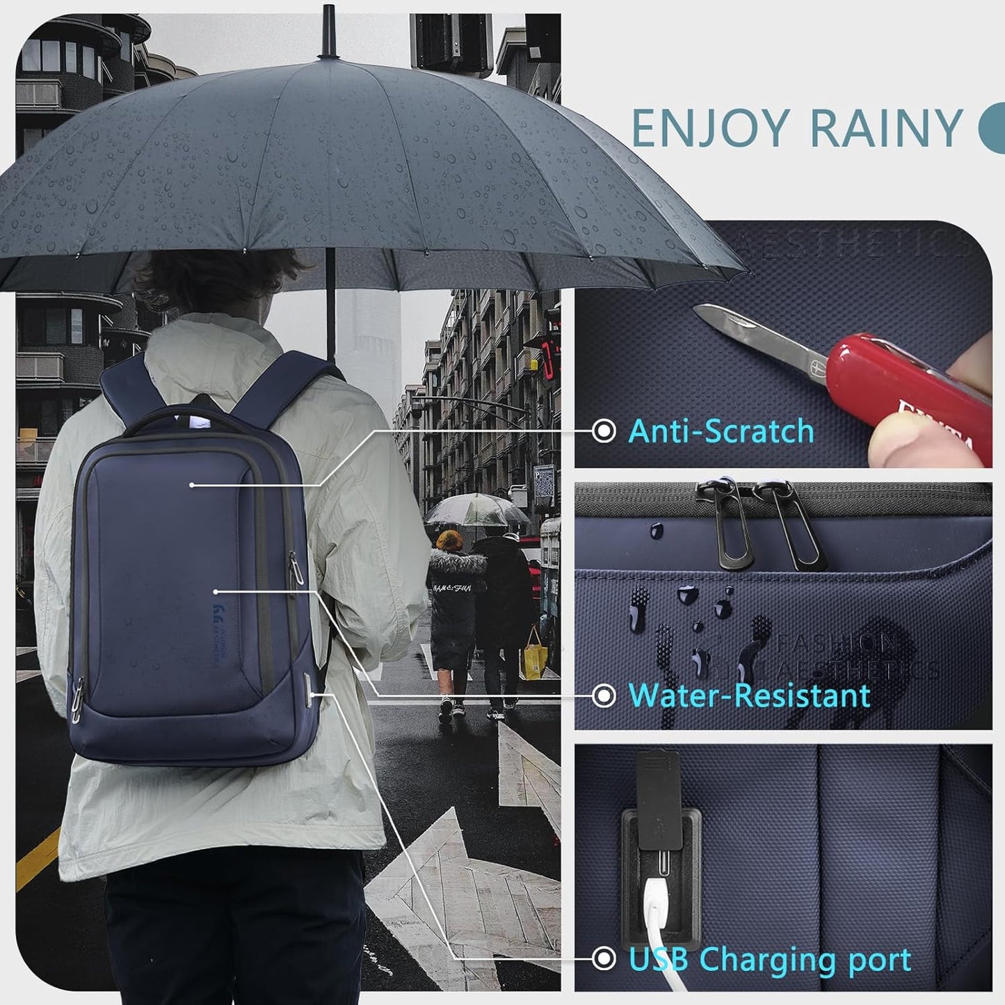 hk Laptop Backpack for Men with USB Charging Port Water-Resistant for 15.6 Inch Computer Bag Durable High-Tech Daypack Casual Backpack for Business Work College Weekender Travel- Blue