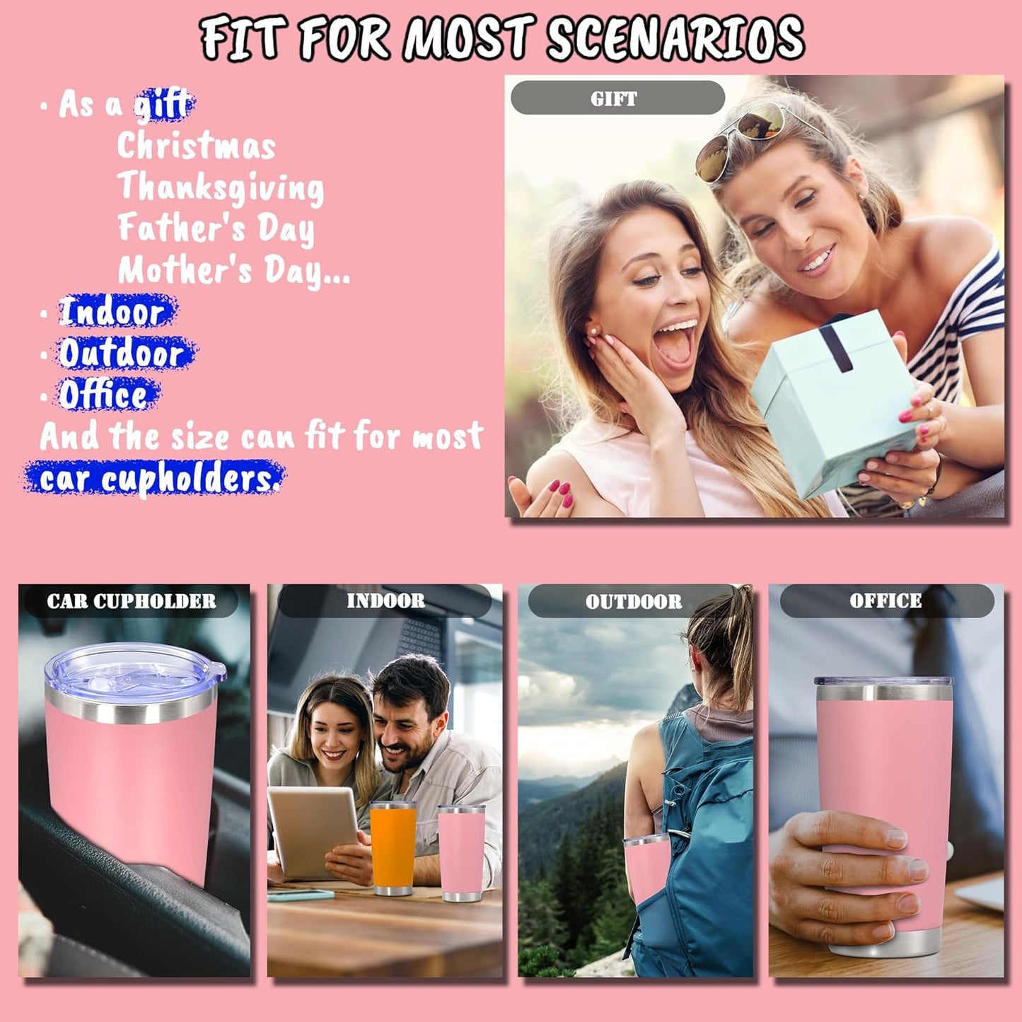 20 oz Tumbler with lid Double Wall Vacuum Insulated Tumblers Stainless Steel Coffee Mug Travel Coffee Tumbler Powder Coated Tumbler Cup Keep Hot&Cold - (Pink 12 Pack)