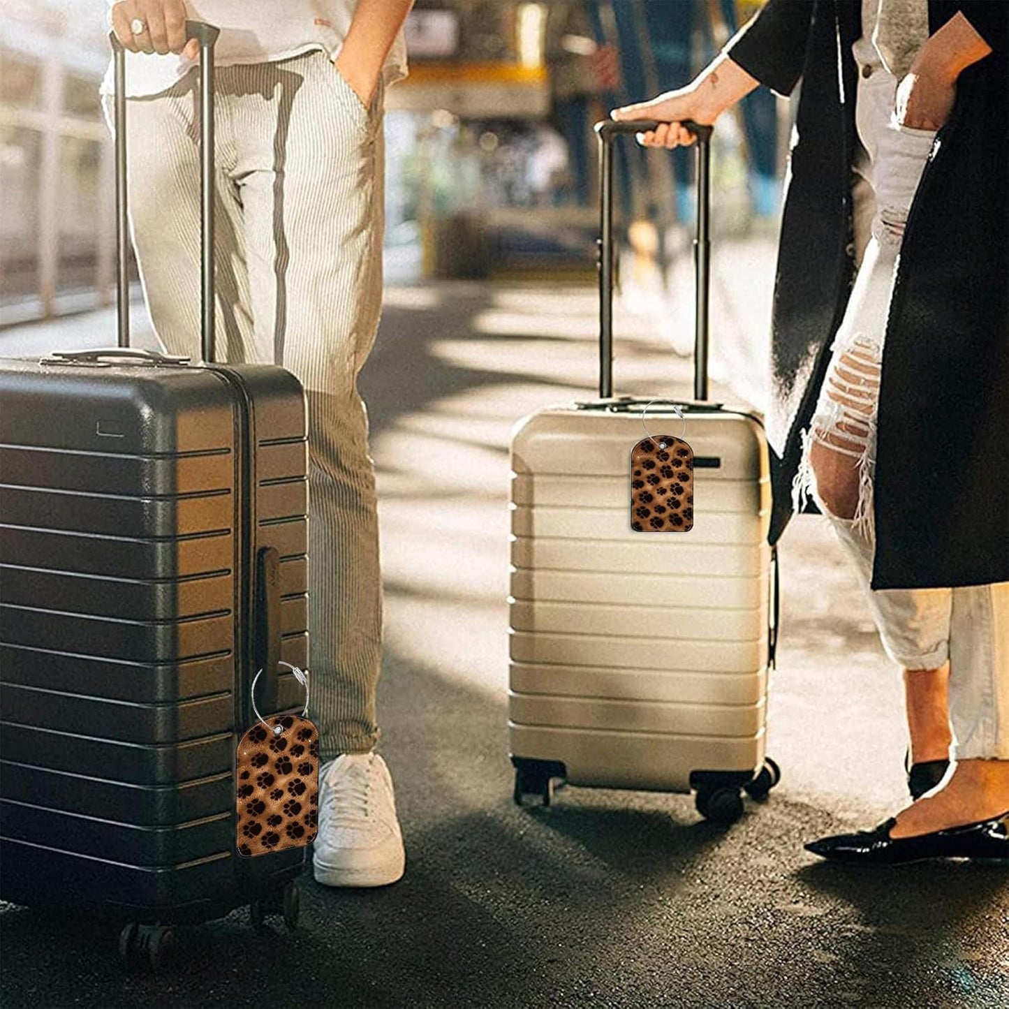 Brown Black Animal Print Paw Prints Leather Luggage Tag for Suitcase 2 Pack Luggage Tag with Privacy Name ID Label and Stainless Steel Loop for Travel Bag Suitcase