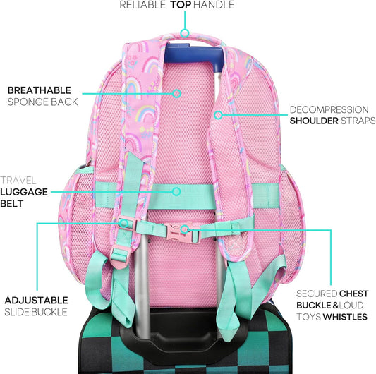 mibasies Girls Backpack: Large Kids Backpack Girls for Elementary School with Laptop Compartment - Rainbow Pink