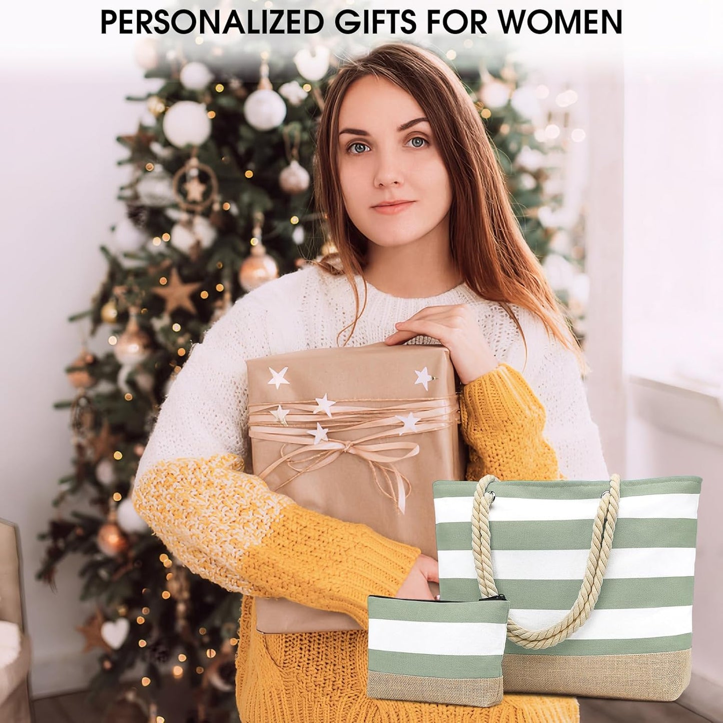 Becokan Beach Bag Initial Beach Tote with Makeup Bag for Travel Work Storage Personalized Birthday Gifts for Women Her