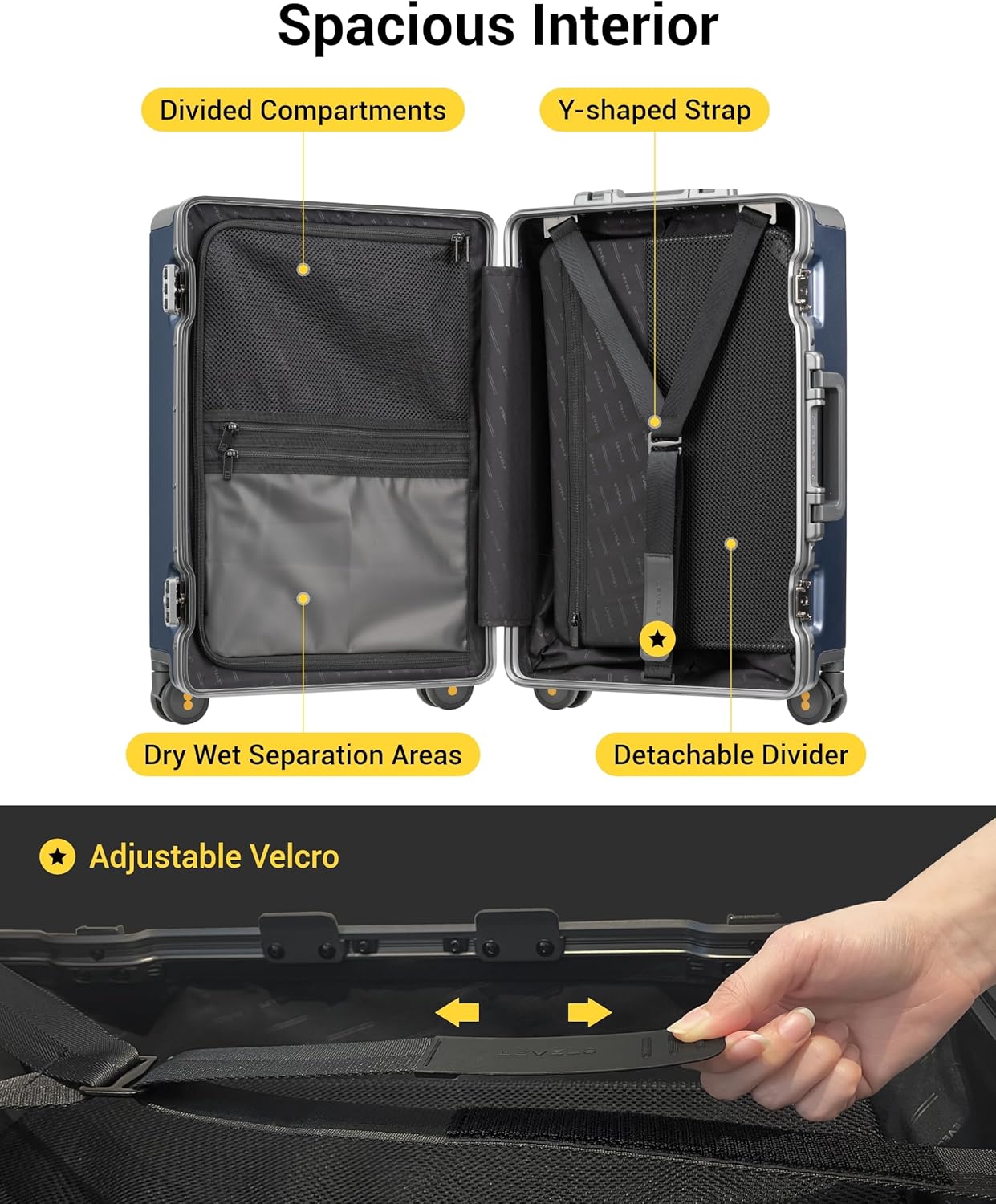 LEVEL8 Carry On Luggage Airline Approved Zipperless with Aluminum Frame, Hard Case Luggage with Spinner Wheels, Metal Travel Suitcase with Packing Organizers, 20 Inch, Blue