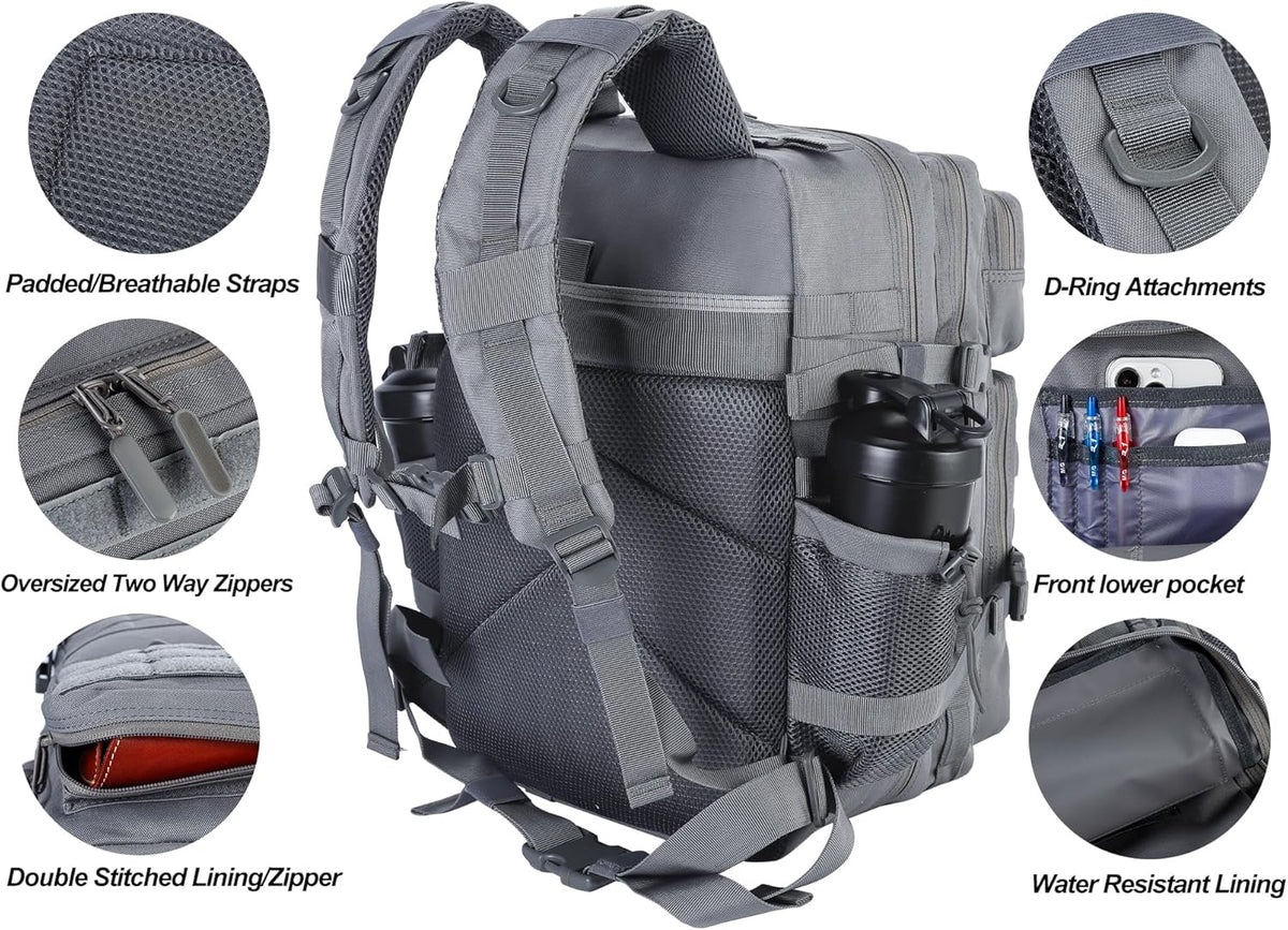 LHI Military Tactical Backpack for Men and Women 45L Army 3 Days Assault Pack Bag Large Rucksack with Molle System - Grey