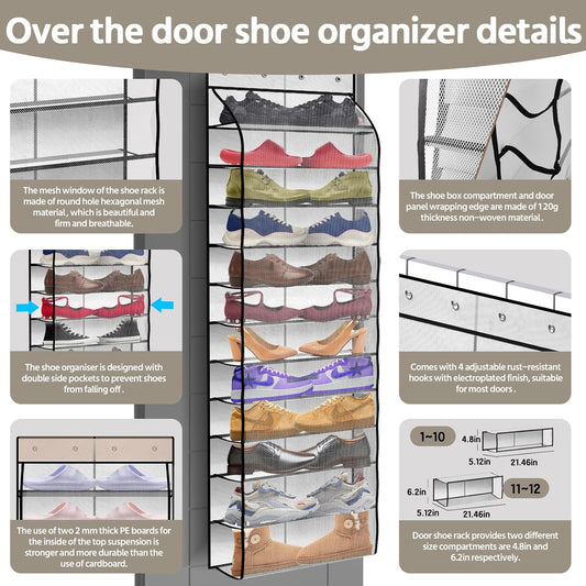 12 Pocket Over the Door Shoe Organizer,Reusable Breathable Large Mesh Bag Men's & Women's Sneaker Organizer,Shoe Organizer for Kids,Hanging Shoe Storage Hanging Bag (White)