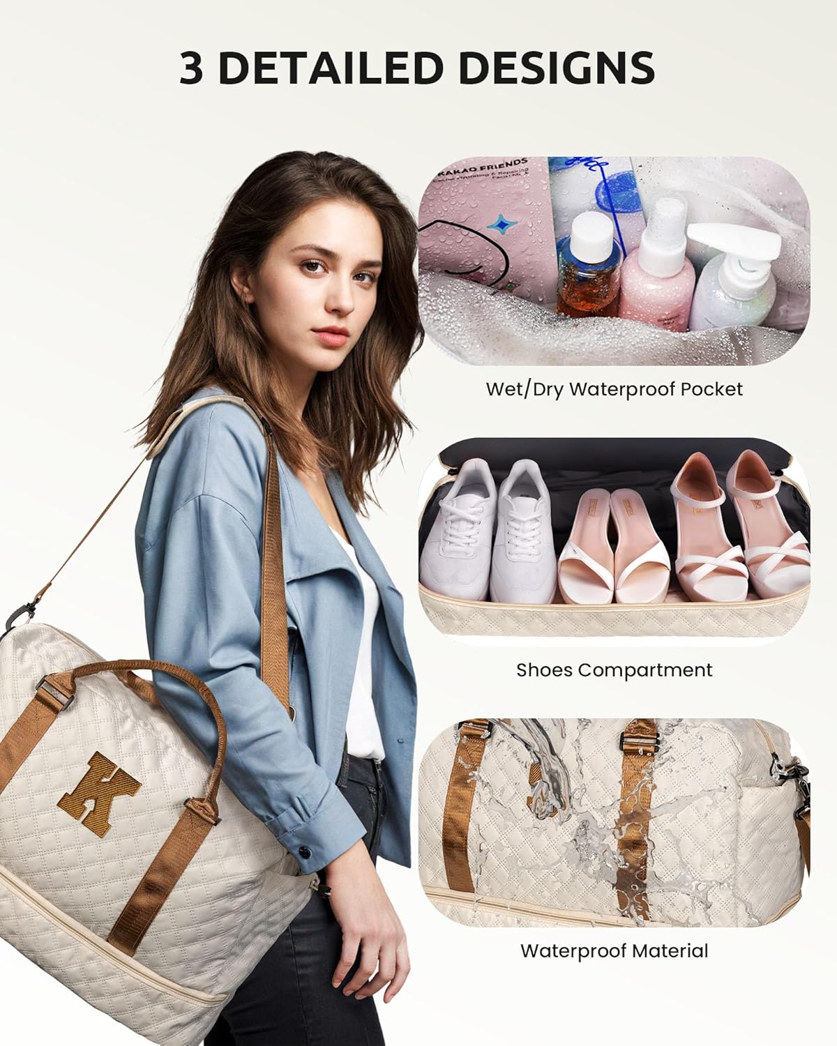 Initial Duffle Travel Bag, Personalized Weekender Bag with Shoulder Strap, Monogram Overnight Bag for Women Wet Pocket, Letter Travel Bag with Makeup Bag Gifts for Friends Female (Letter W)