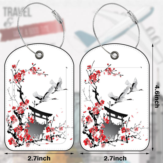 Japanese Cherry Blossoms Storks Leather Luggage Tag for Suitcase 2 Pack Luggage Tag with Privacy Name ID Label and Stainless Steel Loop for Travel Bag Suitcase