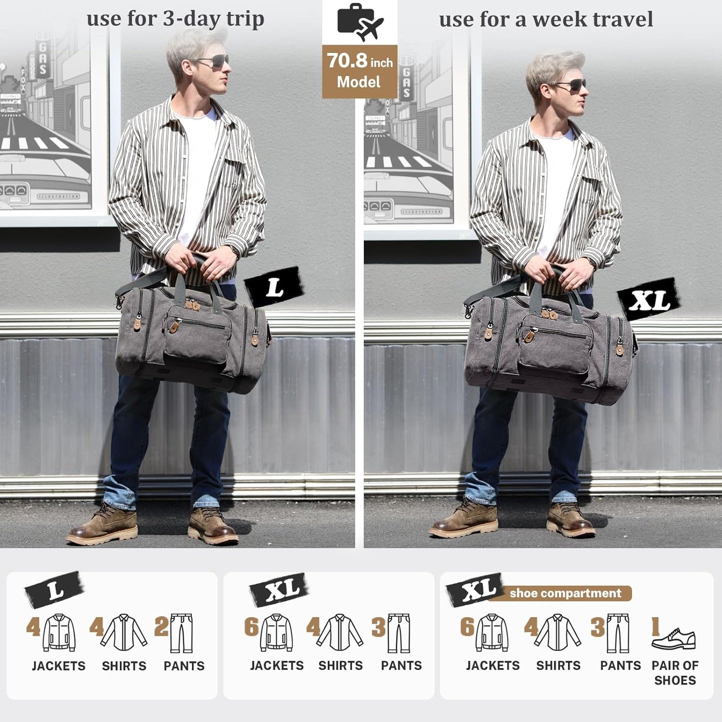 Gonex Canvas Duffle Bag for Travel 50L Expandable Duffel Weekend Overnight Bag men (Gray)