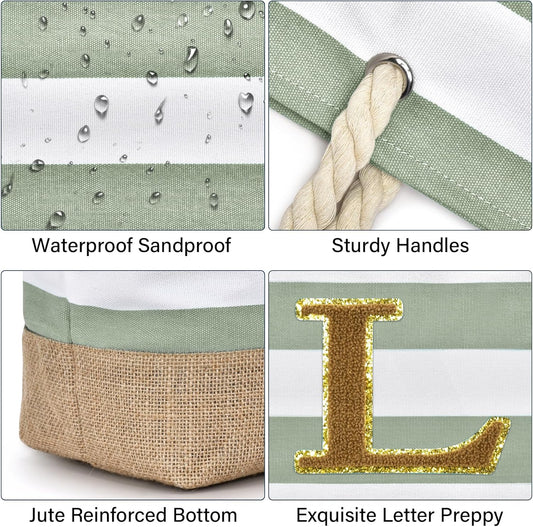 Becokan Beach Bag Initial Beach Tote with Makeup Bag for Travel Work Storage Personalized Birthday Gifts for Women Her