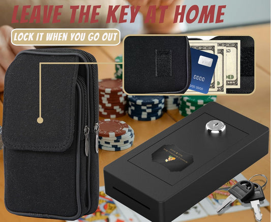 Large Metal Box for Gambler with Waist Bag, Portable Winner Bank Gambling Casino Cash Safe Box, Pocket Sized Cash Box with Key Go Home Money