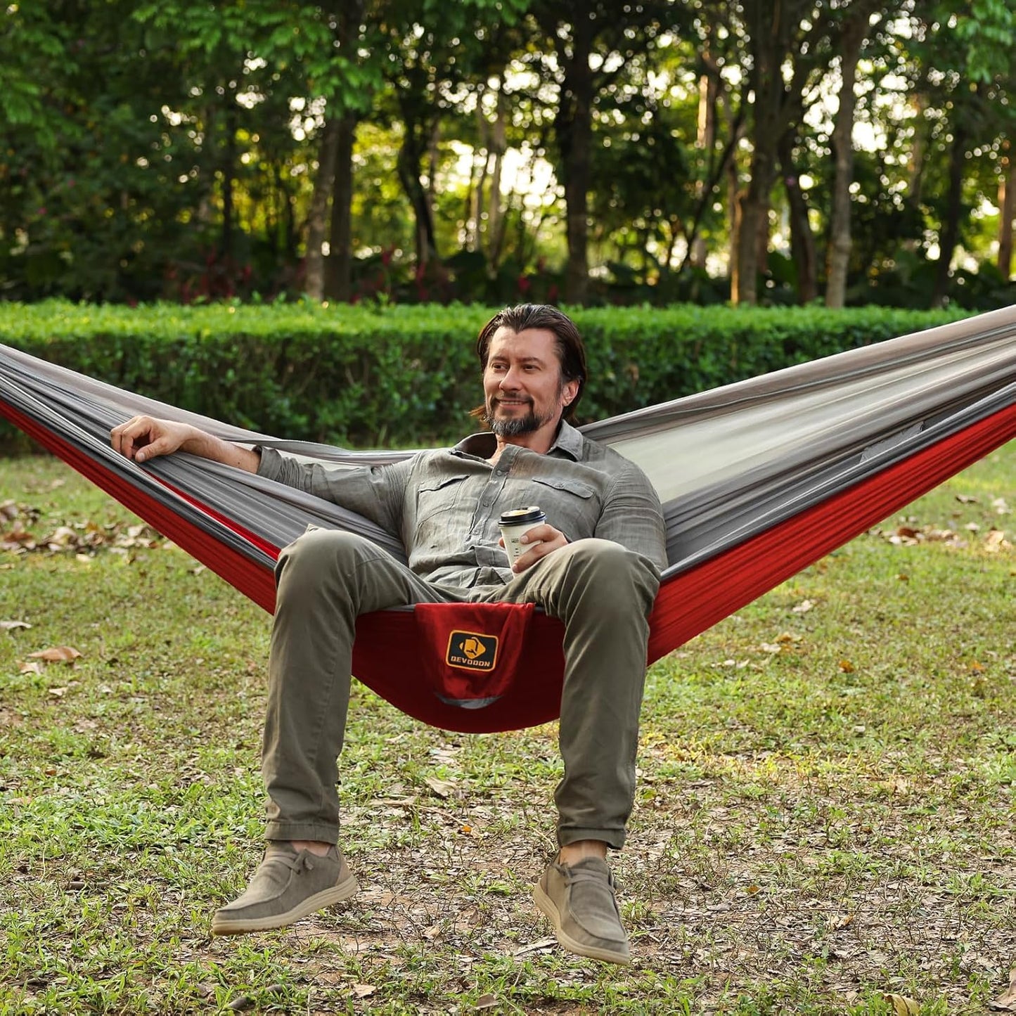 Camping Hammock, Portable Hammocks with Mosquito Net,Lightweight Nylon Parachute Hammock with 10ft Tree Straps,Camping Gear Must Haves for Travel Hiking Backpacking Beach Patio-Red&Grey