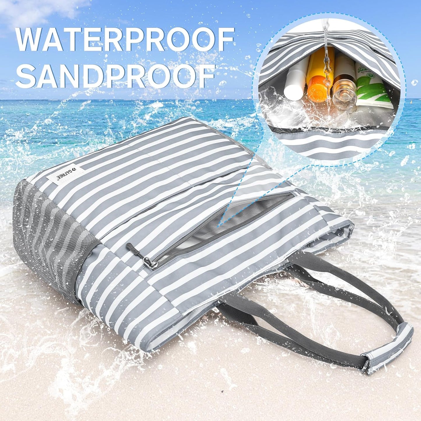 G4Free Beach Bag, Waterproof Sandproof Beach Tote Bag, Large Capacity Foldable for Women