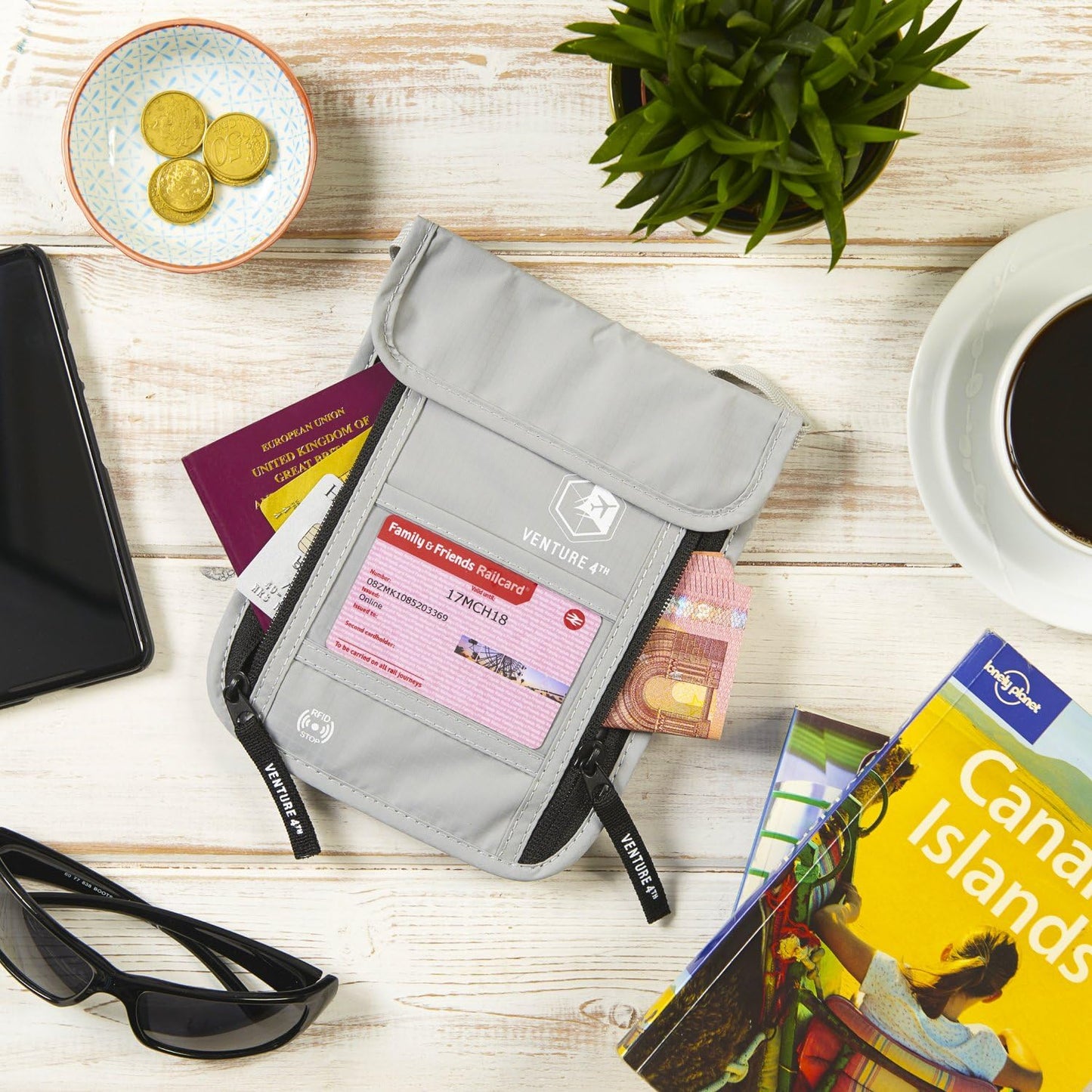 VENTURE 4TH Passport Holder Neck Wallet with RFID Blocking Nylon Lining - Hidden Neck Pouch for Travel (Silver)