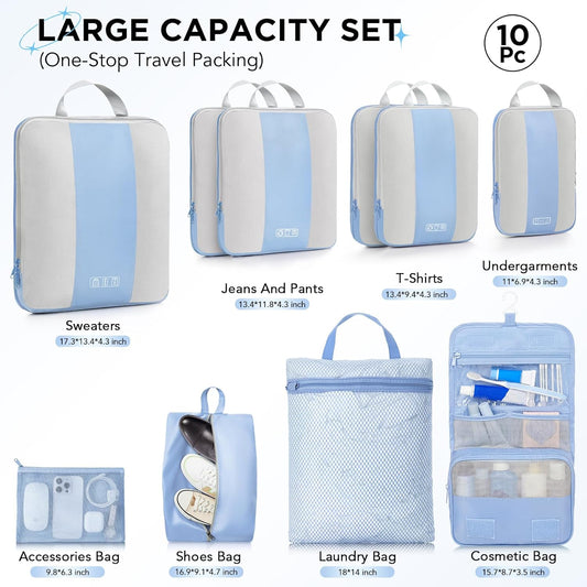 10 Set Compression Packing Cubes for Travel Essentials,Compressible Expandable Packing Cubes for Suitcase,OlarHike Luggage Organizer Bags for Travel,Handy Helper for Organizing Clothes(Light Blue)