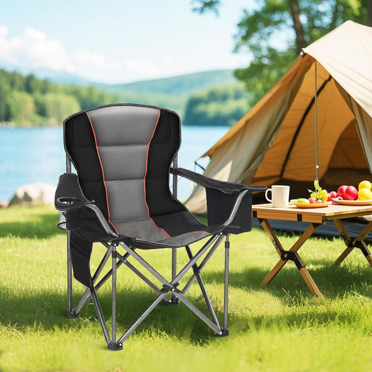 HIGH POINT SPORTS Oversized Camping Folding Chair, Heavy Duty Portable Lawn Chairs, Folding Chairs for Outside with Cup Holder and Cooler Bag for Camp, Travel, Support 450 LBS, 2 Pack, Black