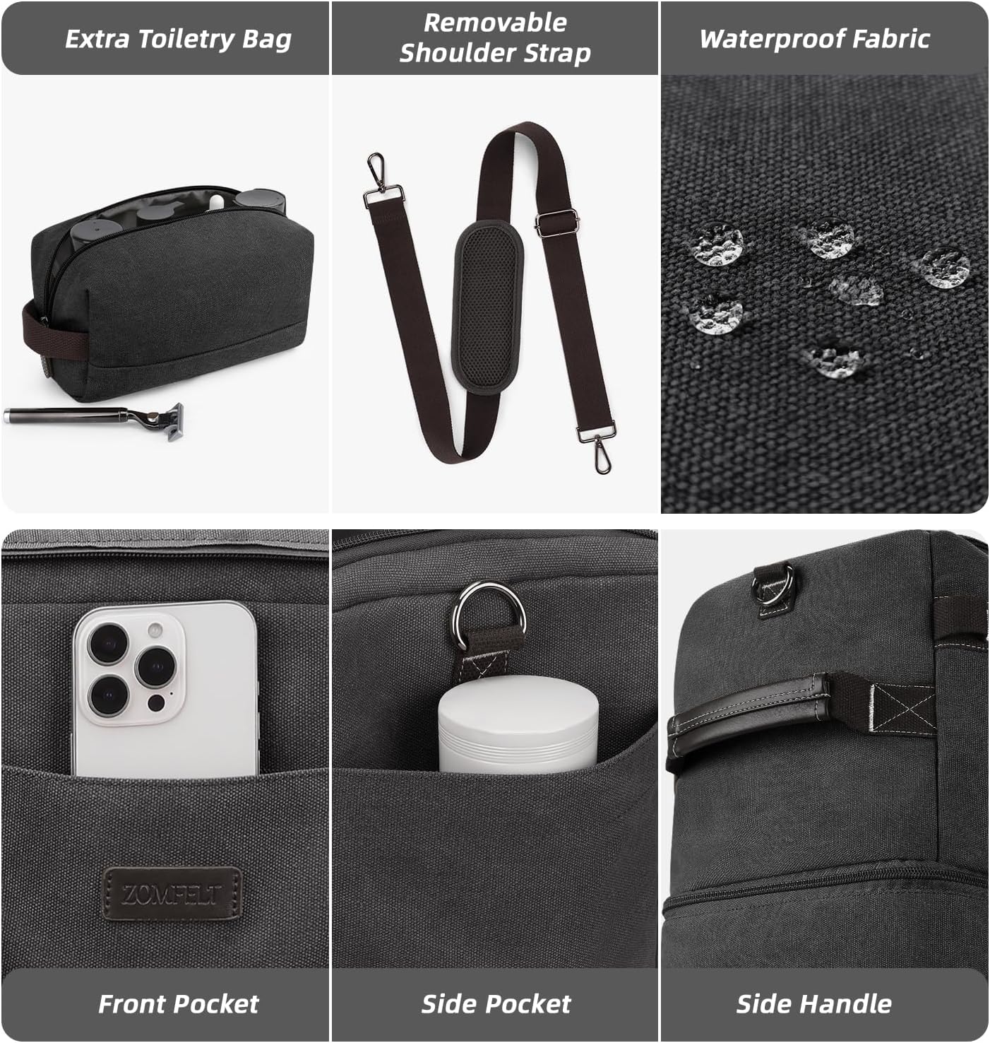 ZOMFELT Travel Duffle Bag for Men, Waterproof Canvas Overnight Duffel Bag with Removable Dividers & Shoe Compartment, Carry On Weekender Gym bag, Multi-Pocket & Vintage Design (Washed Black)