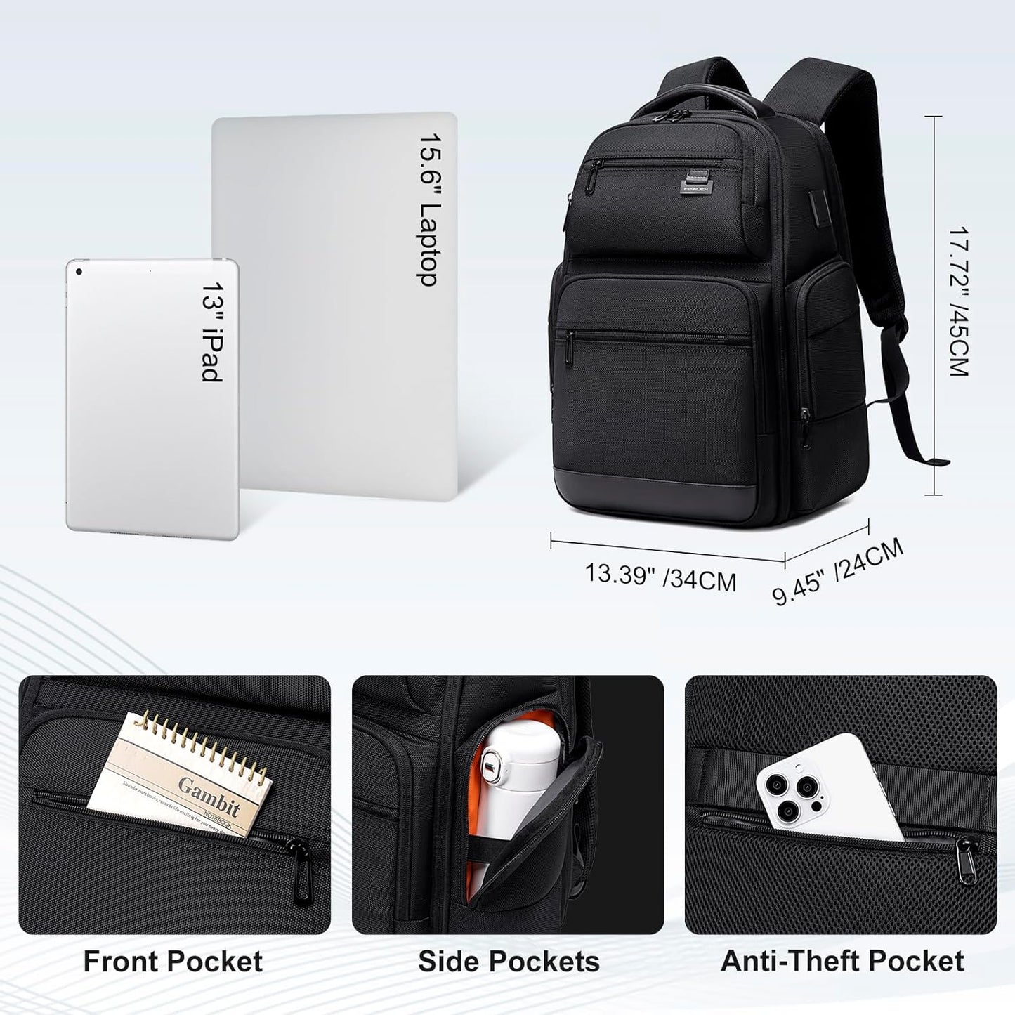 FENRUIEN Business Travel Backpack for Men,Large Capacity Laptop Backpack with USB Charging Port,Multifunctional Water Resistant Expandable Black Bag Fits 15.6 Inch computer