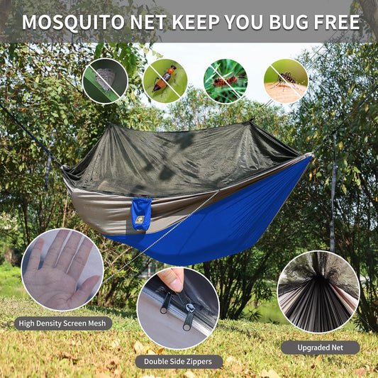 Camping Hammock with Net,Travel Portable Lightweight Hammocks with Tree Straps and Solid D-Shape Carabiners,Parachute Nylon Hammock for Outsides Backpacking Beach Backyard Patio Hiking Blue & Grey