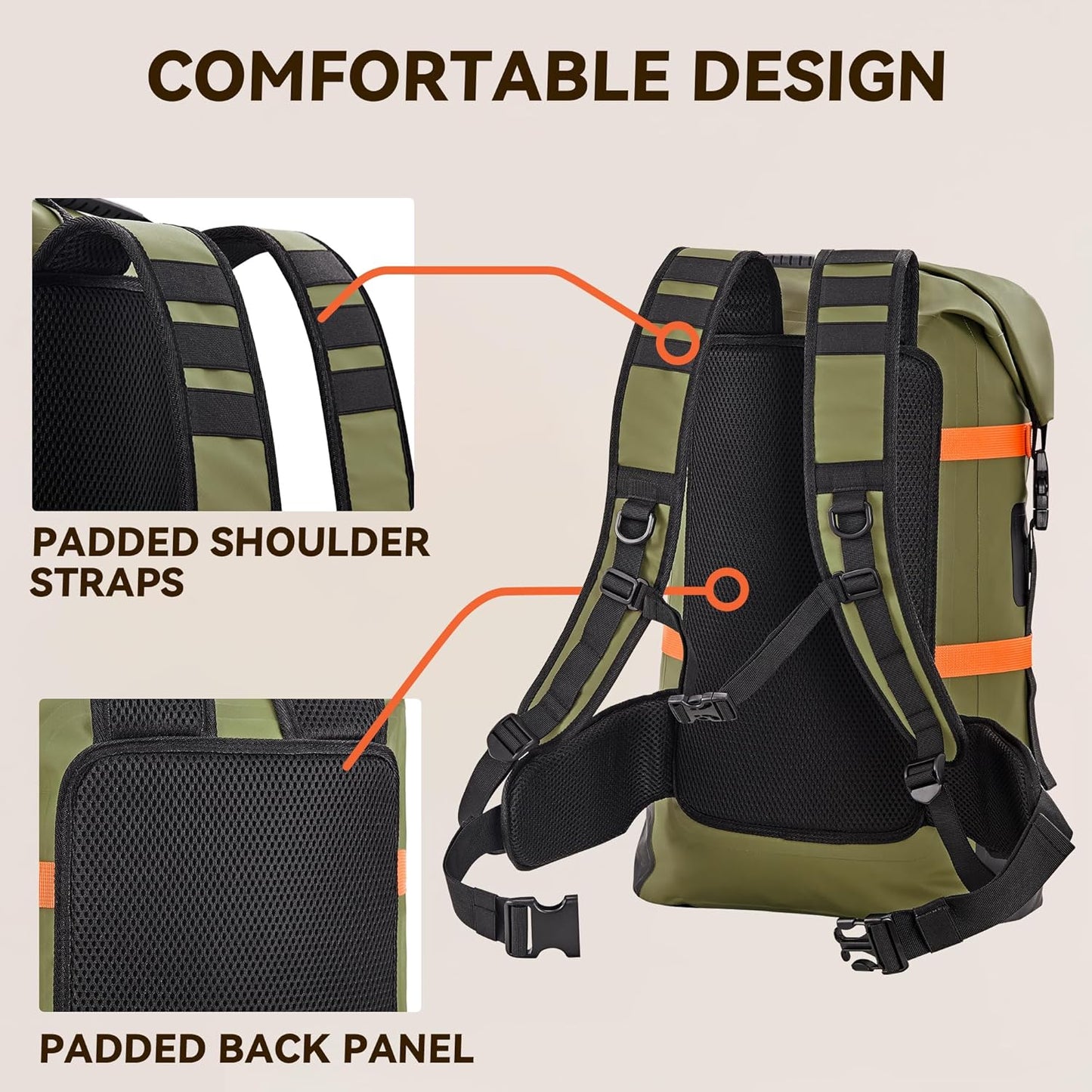 HEETA Dry Bags Waterproof Backpack 40L for Men & Women, Roll Top Heavy Duty Cushioned Hiking Backpack for Kayaking Boating Paddle Boarding Fishing Travel Camping Beach Vacation Cruise Ship Essentials