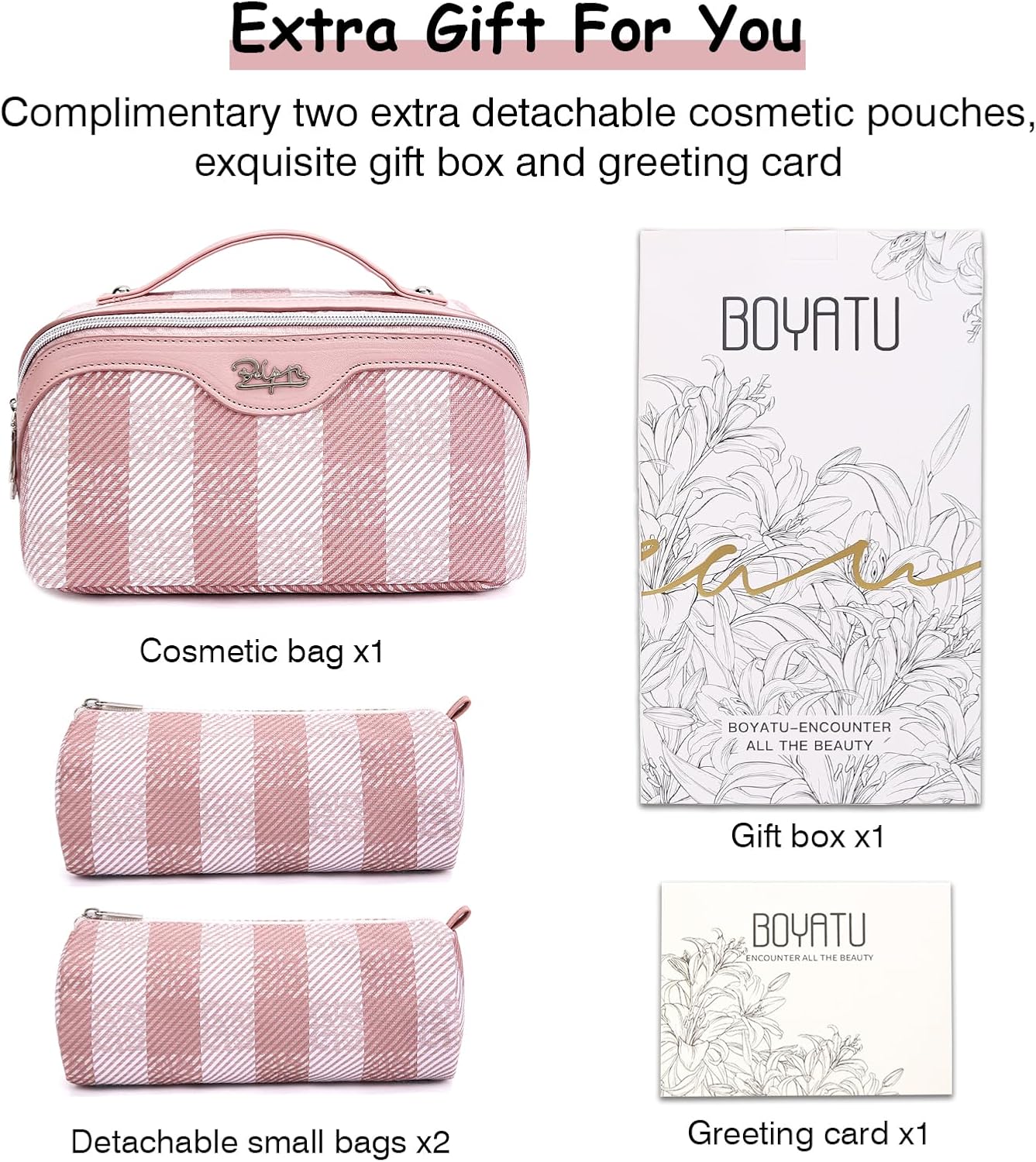 BOYATU Makeup Bag Travel Cosmetic Bag: 3 Pcs Set Portable Make up Bags for Women with Handle - Waterproof Vegan Leather Toiletry Organizer Bags with Comparments (F-03-Pink)