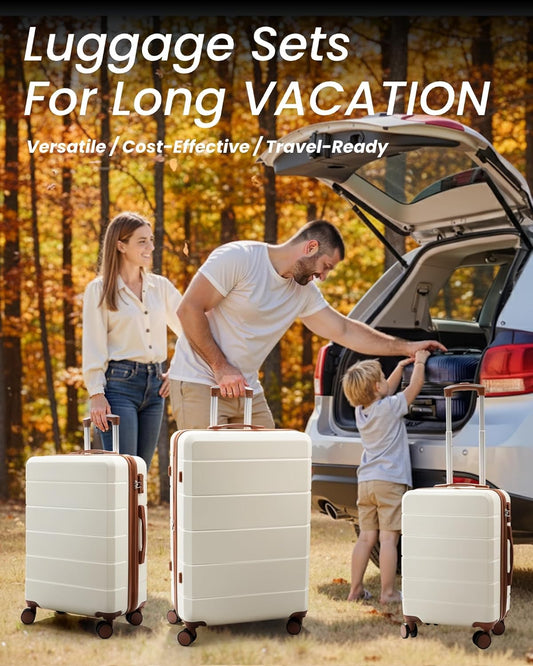 Luggage Sets 3 Piece, Expandable Hardside Suitcases with Wheels, White Brown