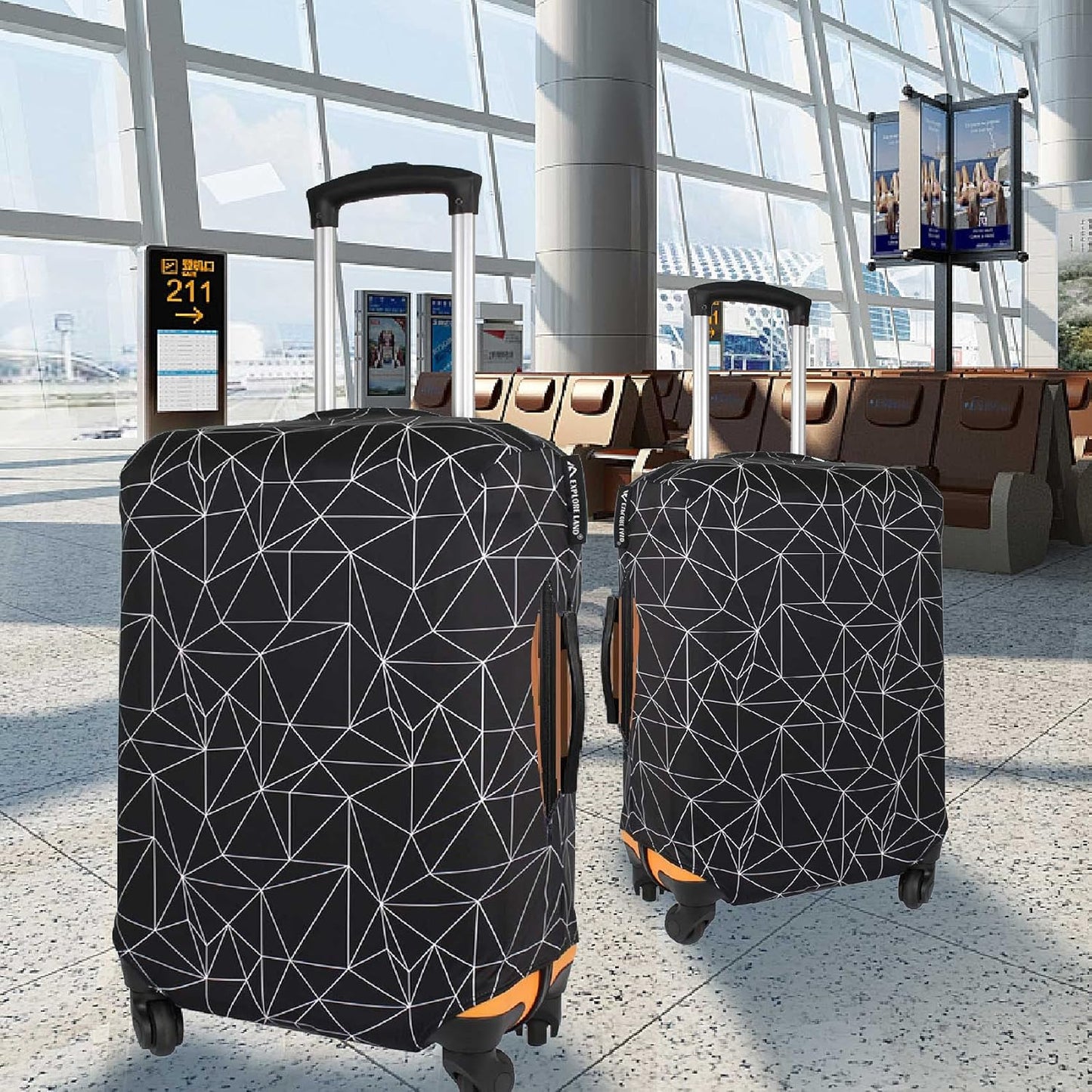 Explore Land Travel Luggage Cover Suitcase Protector Fits 23-26 Inch Case (Black Polygonal, M)