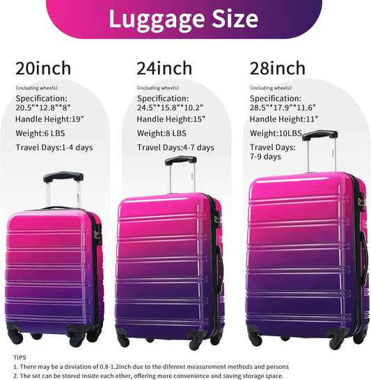 Merax Luggage Sets 3 Piece, Hardside Expandable Suitcase Set with Spinner Wheels, Lightweight Gradient Color Luggage 20+24+28 IN, Purple and Pink