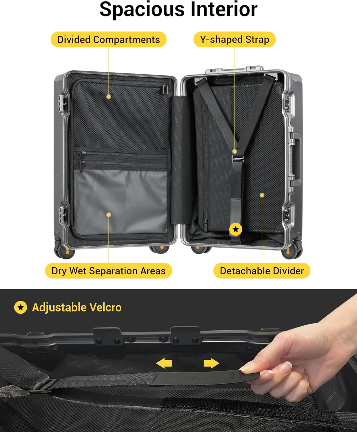 LEVEL8 Zipperless Carry On Luggage Airline Approved with Aluminum Frame, Hard Shell Suitcase with Spinner Wheels, Metal Checked Luggage with Packing Organizers, 20 Inch, Grey