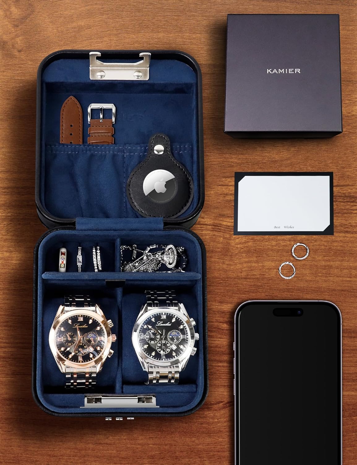 KAMIER Watch Travel Case with Combination Lock - 2 Watch Storage and Jewelry Organizer - Watch Case for Ring and Watch Storage, PU Leather Travel Watch Case, Ideal for Gift (With Gift Box) (Black)