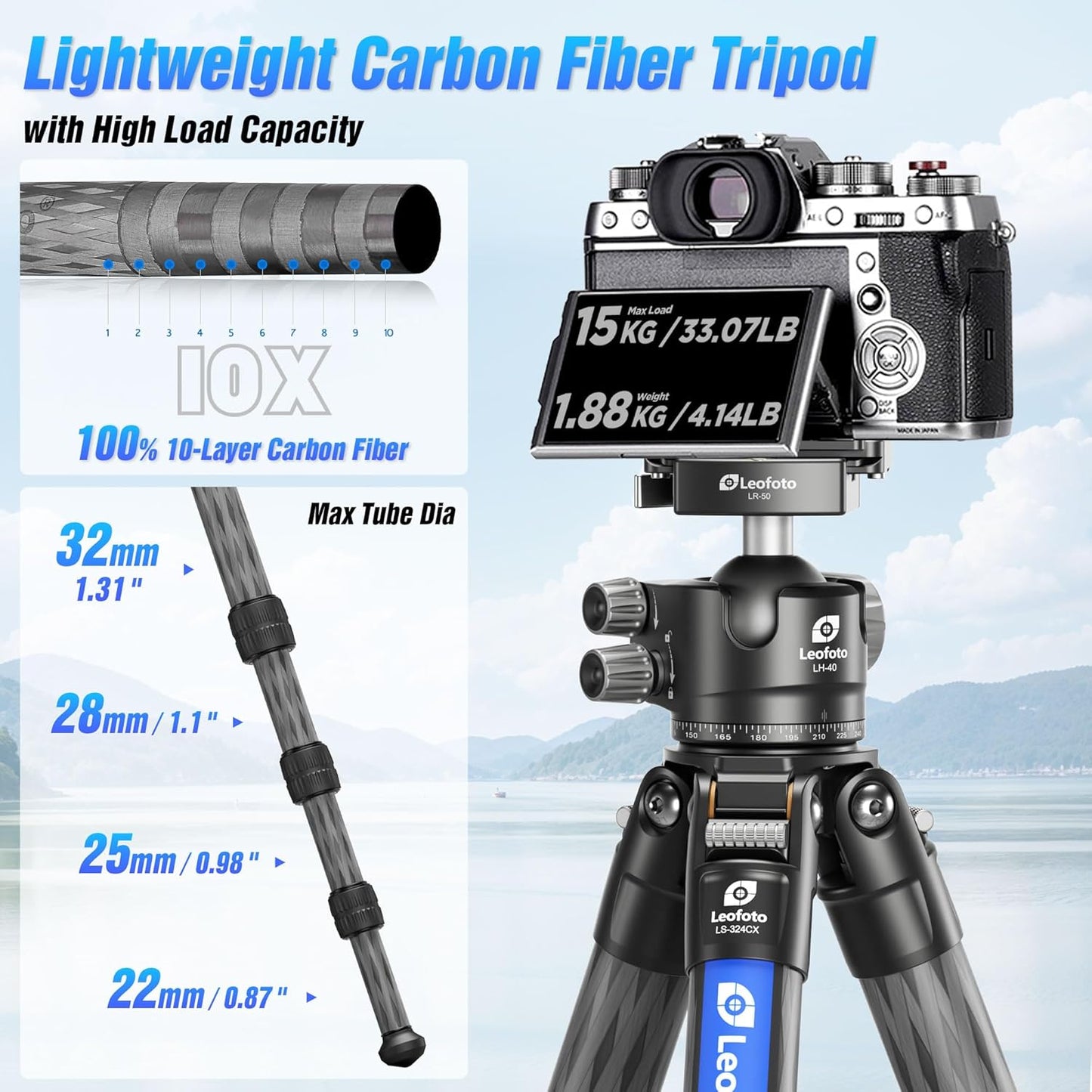 71" Carbon Fiber Travel Tripod with 360° Ball Head Set, 4 Leg Sections Lightweight Tripod with Center Column for DSLR Camera, Quick Release Plate, Max Load 15kg/33.07lb