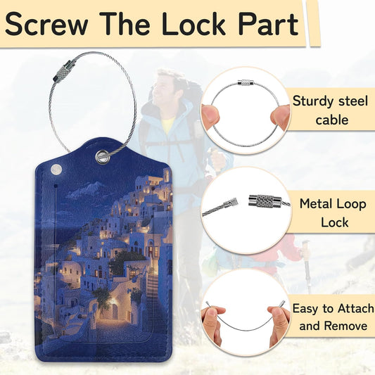 Santorini Sunset Landscape Luggage Tag for Suitcase,Design with Privacy Flap Name ID Label Metal Loop, 3 Pack