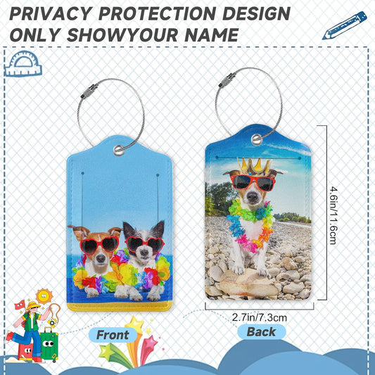 Dogs on Beach Luggage Tags for Suitcases,2 Pack Hawaii Luggage Tag,Leather Stainless Steel Loop Label Tag for Women Men Girls Travel Bag Suitcase