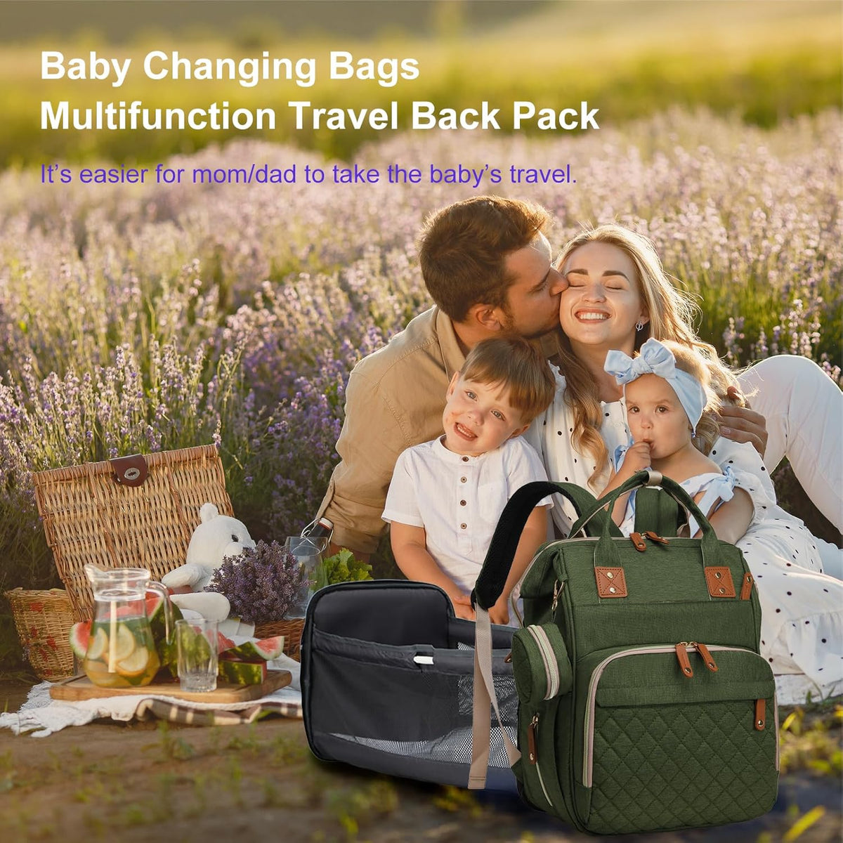 Diaper Bag with Changing Station, Waterproof 3 in 1 Baby Diaper Backpack with Foldable Changing Pad, Large Travel Back Pack for Girl Boy, Green