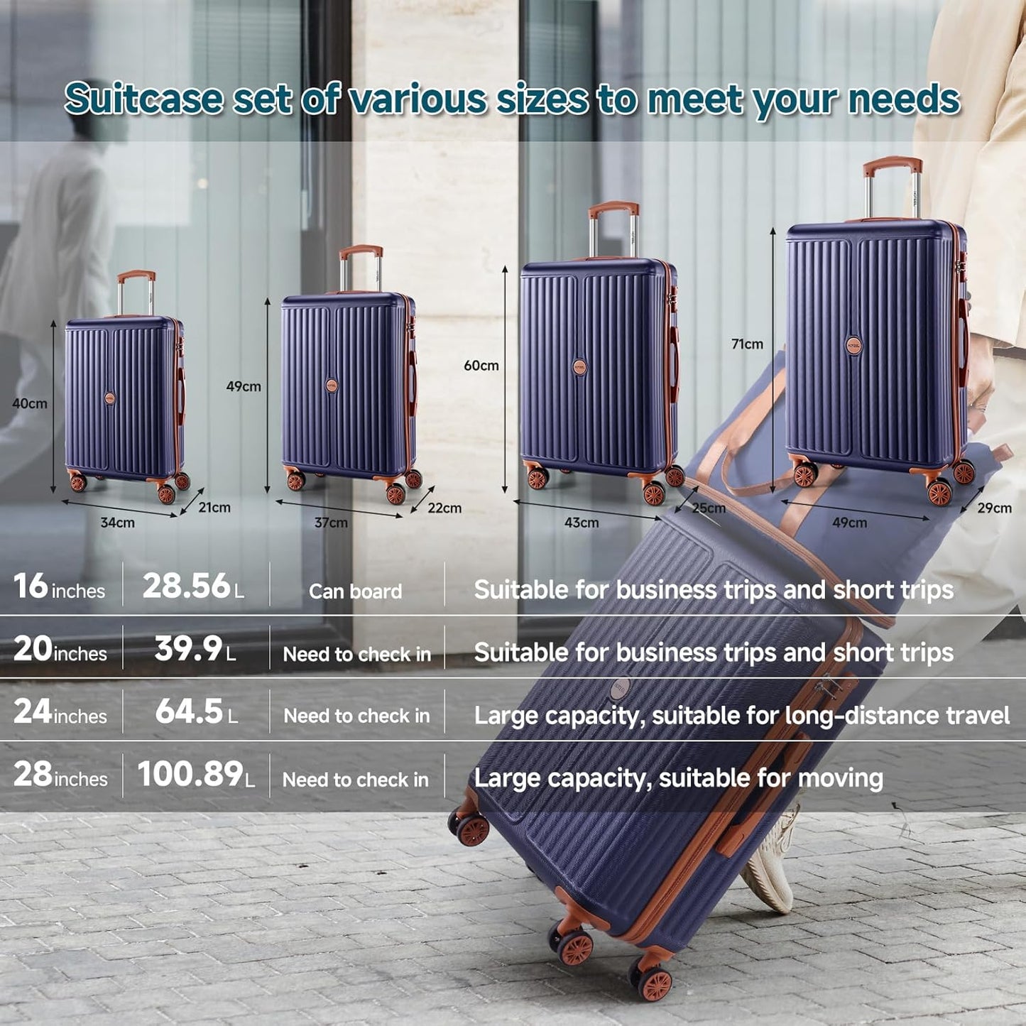 Hoteel 20Inch Luggage 3-piece Set, 360° Universal Suitcases with Wheels Hard Shell Suitcase with TSA Lock, Including Waterproof Luggage Bag, Travel Maletas for Men and Women,Blue