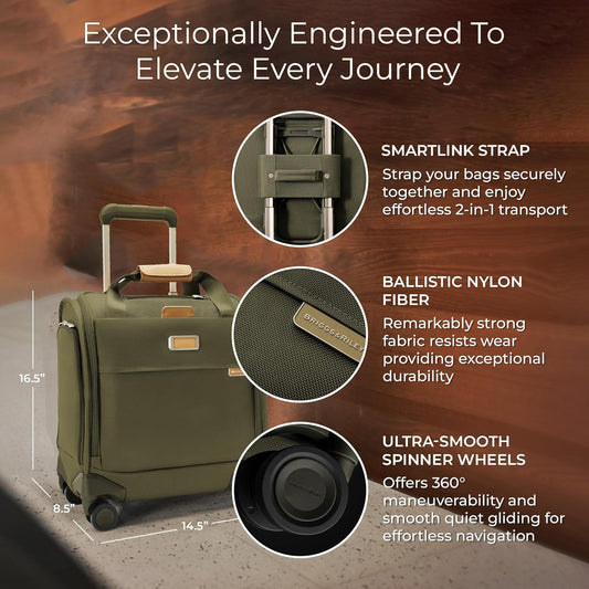 Briggs & Riley Cabin Spinner - Carry On Luggage for Travel, Suitcases with Wheels, Softside Rolling Bag for Men & Women, Fits Under Plane Seat, Interlocking Handle - Baseline Collection, Olive