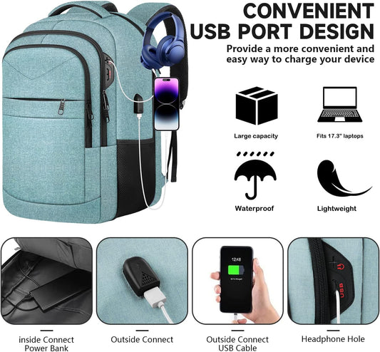 Lapsouno Extra Large Backpack, Travel Laptop Backpack, Carry on Backpack, Sturdy 17 Inch TSA Friendly with USB Port, Water Resistant College School Computer Bag Gifts for Men Women, Lake Green